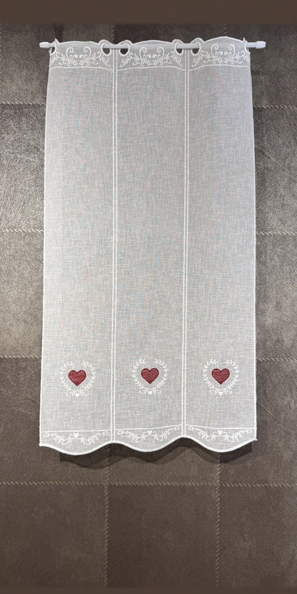 Brise-bise cœur en couronne rouge, hauteur 90 cm — voilage brodé fabriqué en France