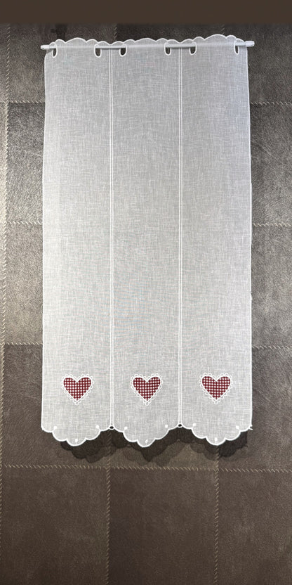 Brise-bise cœur vichy rouge, hauteur 90 cm — voilage brodé fabriqué en France