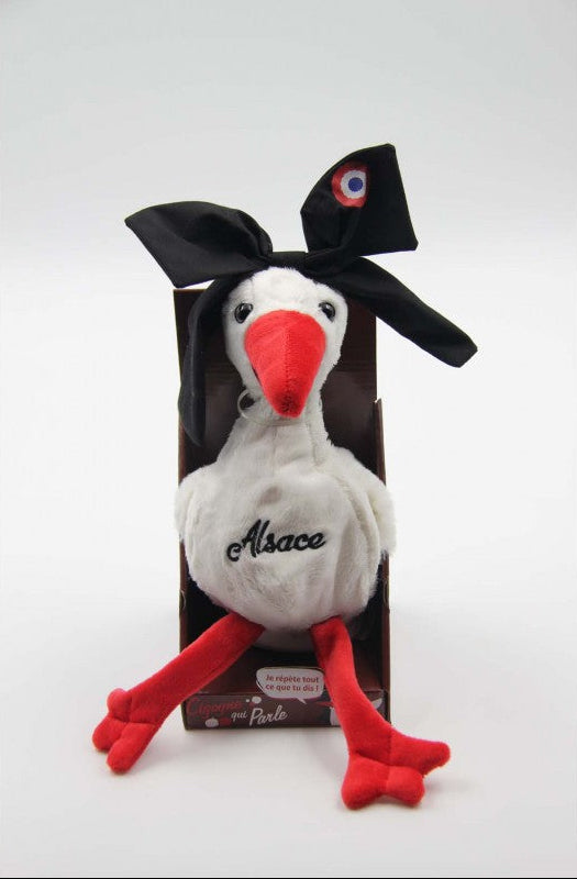 Peluche cigogne alsacienne qui répète, avec coiffe traditionnelle brodée Alsace, 20 cm