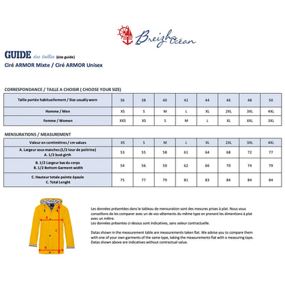 Guide des tailles du ciré breton mixte ARMOR, du XS au 3XL