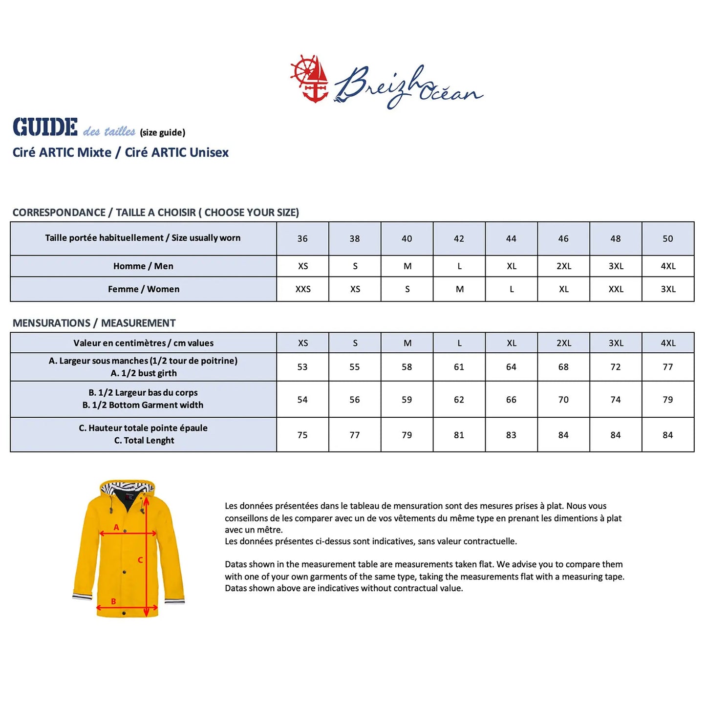 Guide des tailles du ciré breton mixte ARTIC, du XS au 3XL
