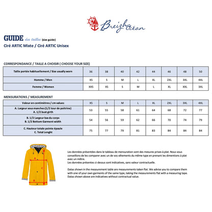 Guide des tailles du ciré breton mixte ARTIC, du XS au 3XL