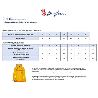 Guide des tailles du ciré breton femme ERQUY, du XS au 3XL